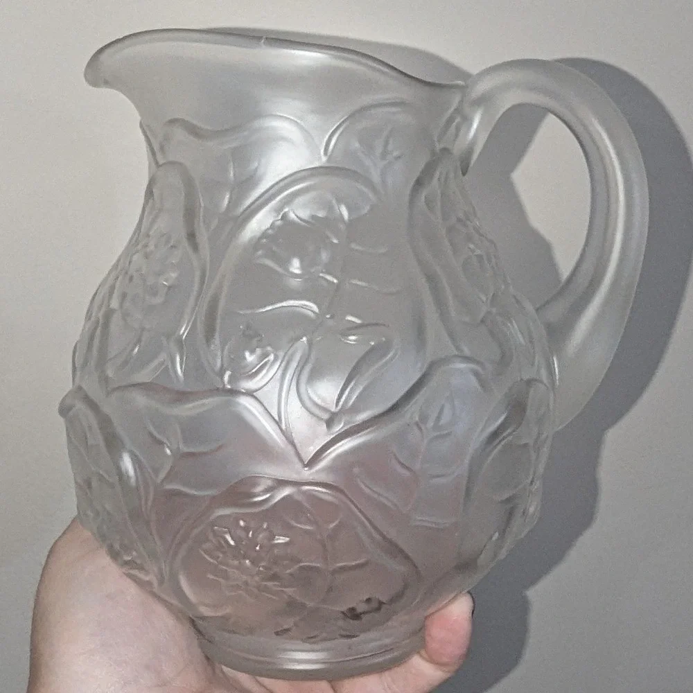 Vintage Frosted Glass Pitcher Floral Embossed Satin Glass Relief Design